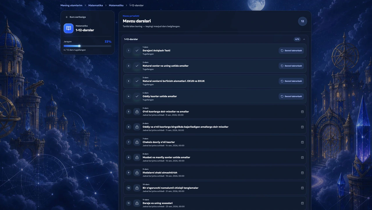 ExamHub o‘quv kabinetining skrinshoti: Darslar ro‘yxati