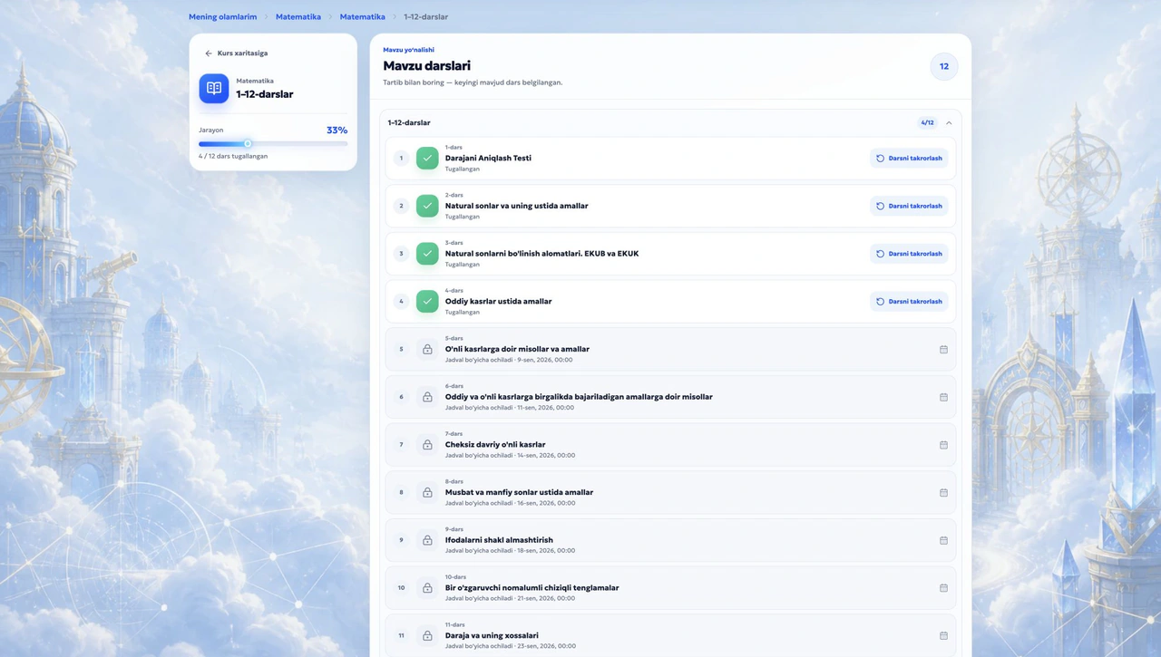ExamHub o‘quv kabinetining skrinshoti: Darslar ro‘yxati
